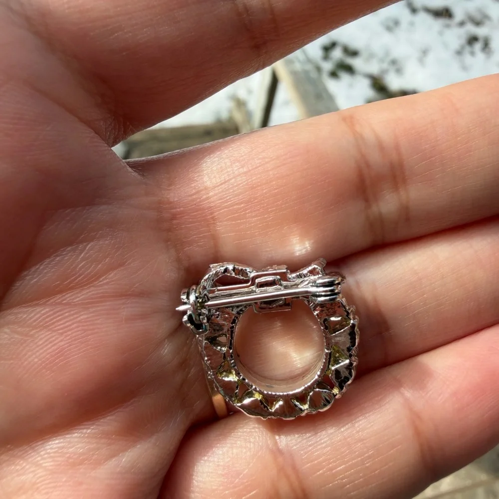 Silver Tone Wreath With Bow And Aquamarine Rhinestone Brooch